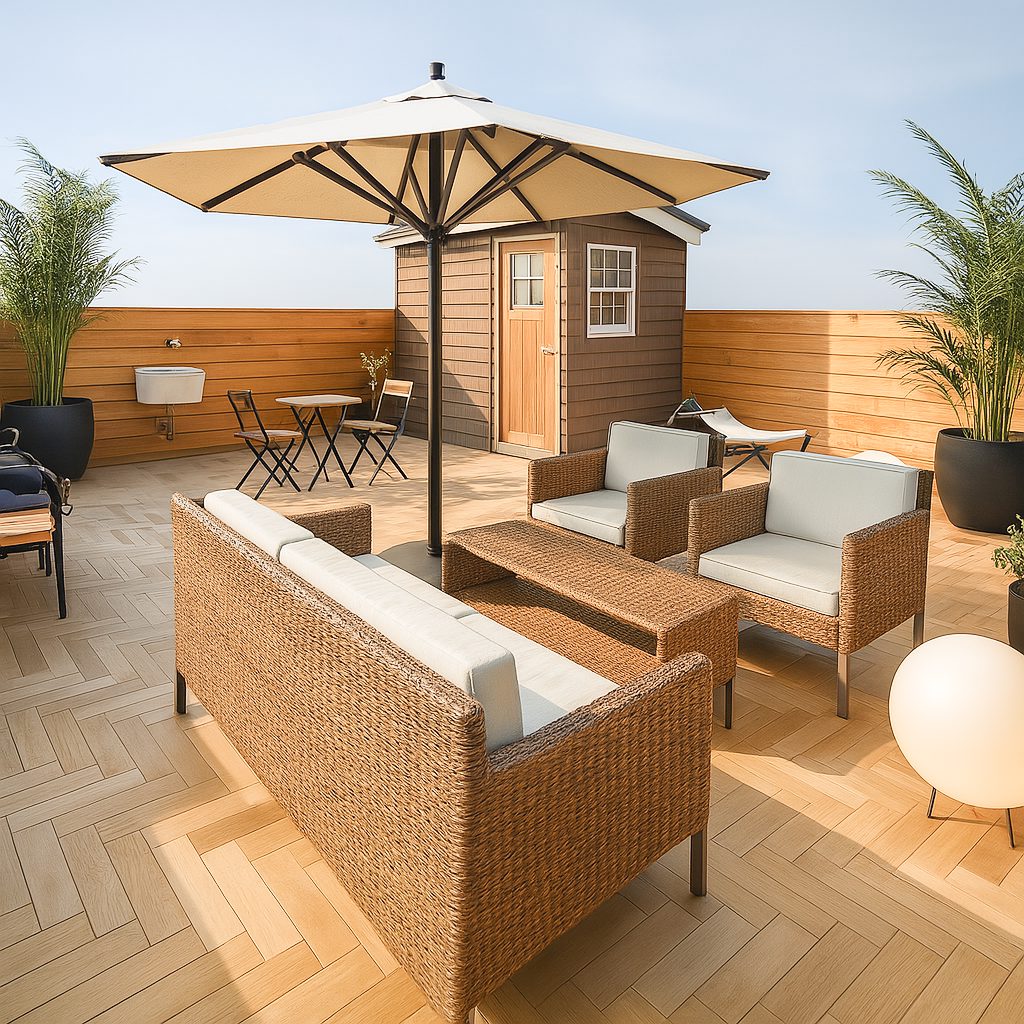 【Garage House⑪】アジアンスタイルの屋上リビングがある平屋ガレージハウス、屋上リビング②