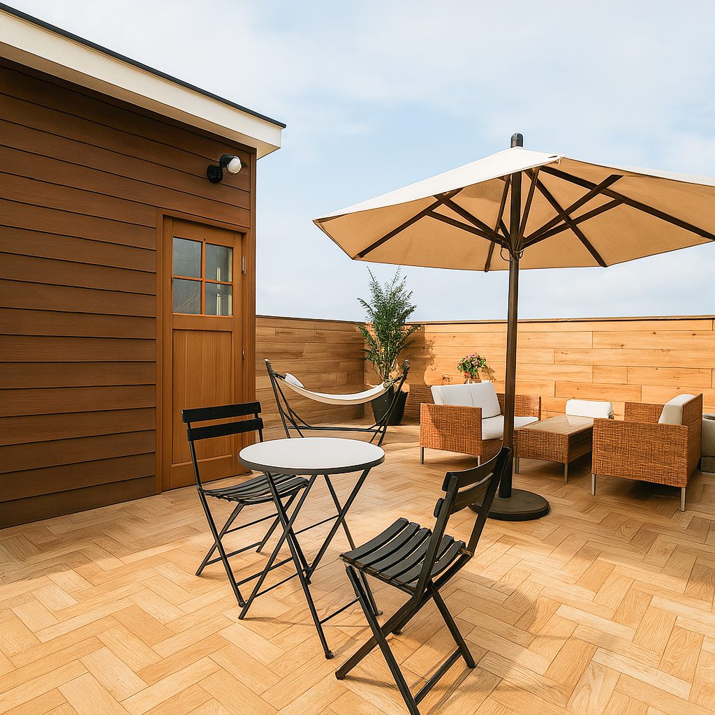 【Garage House⑪】アジアンスタイルの屋上リビングがある平屋ガレージハウス、屋上リビング①