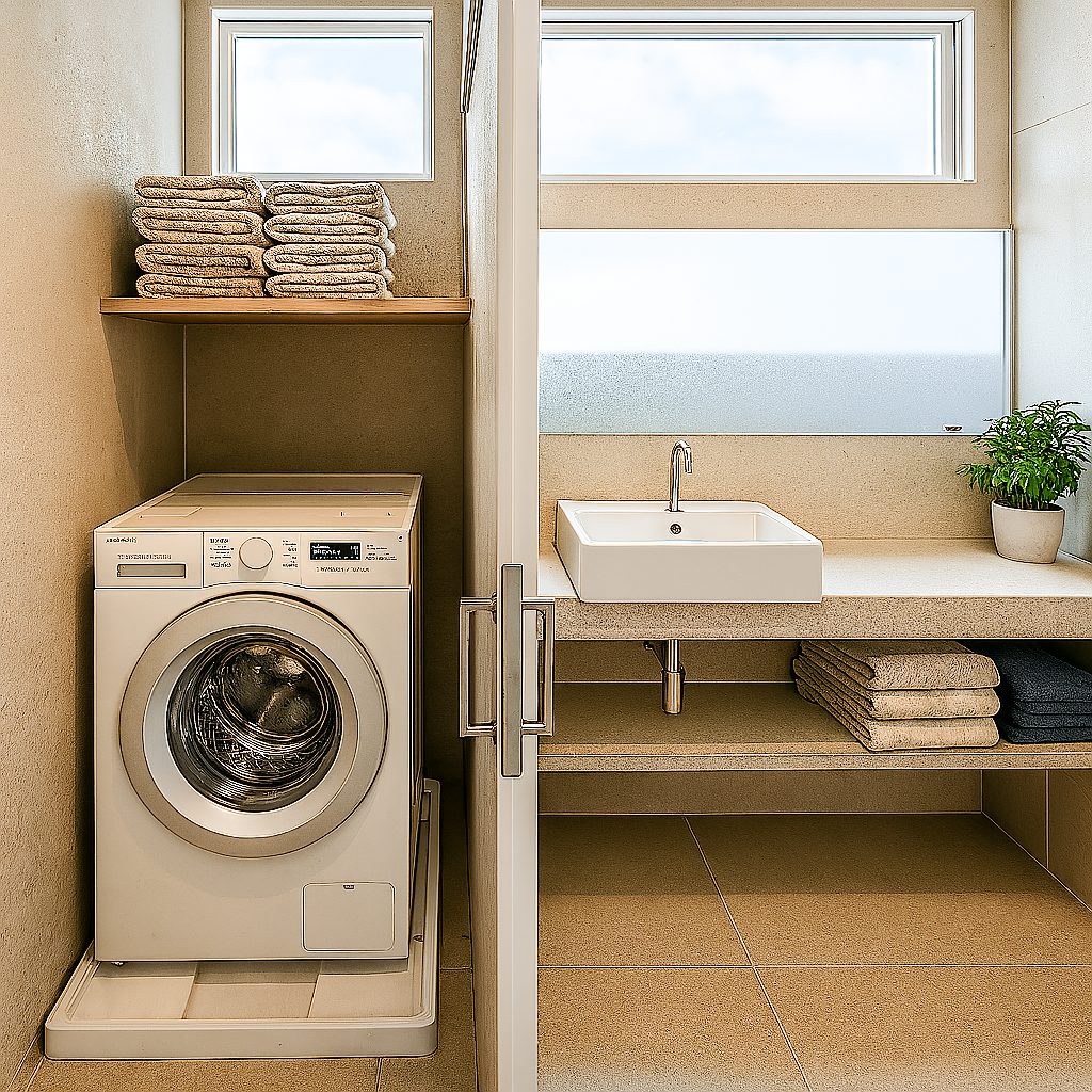 中庭、広いバルコニー、書斎がある3LDK+Sのモダンガレージハウス、脱衣室