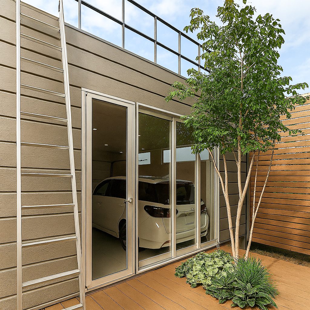 中庭、広いバルコニー、書斎がある3LDK+Sのモダンガレージハウス、中庭②