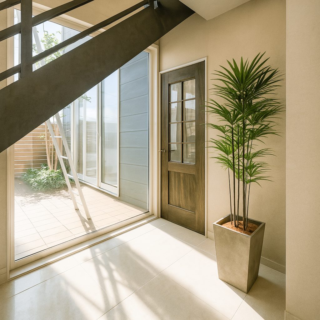 中庭、広いバルコニー、書斎がある3LDK+Sのモダンガレージハウス、階段下ホール