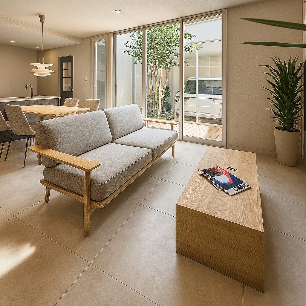 モダンスタイルのガレージハウス、おしゃれな内装インテリア参考例、リビング