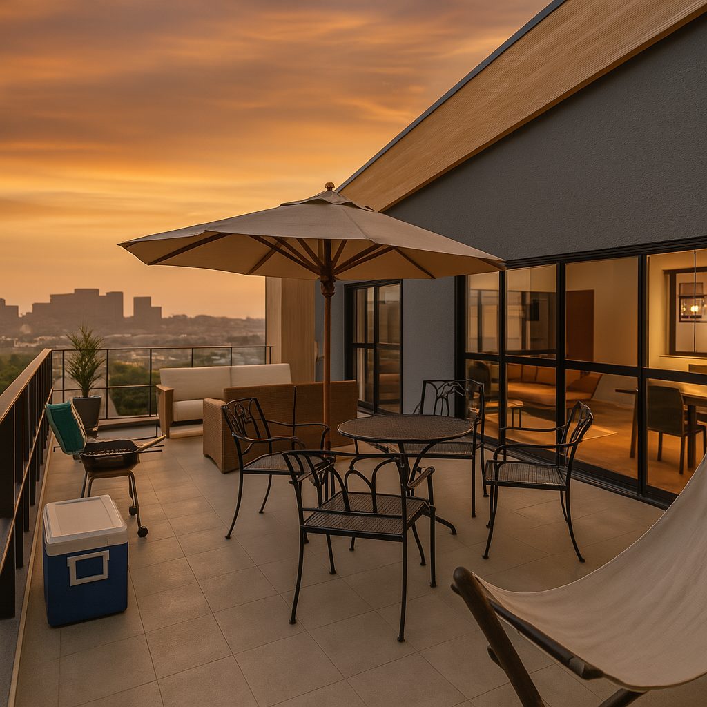 【Garage House⑩】自宅兼事務所!バルコニーでバーベキューができるガレージハウス、夜のバルコニー⑤