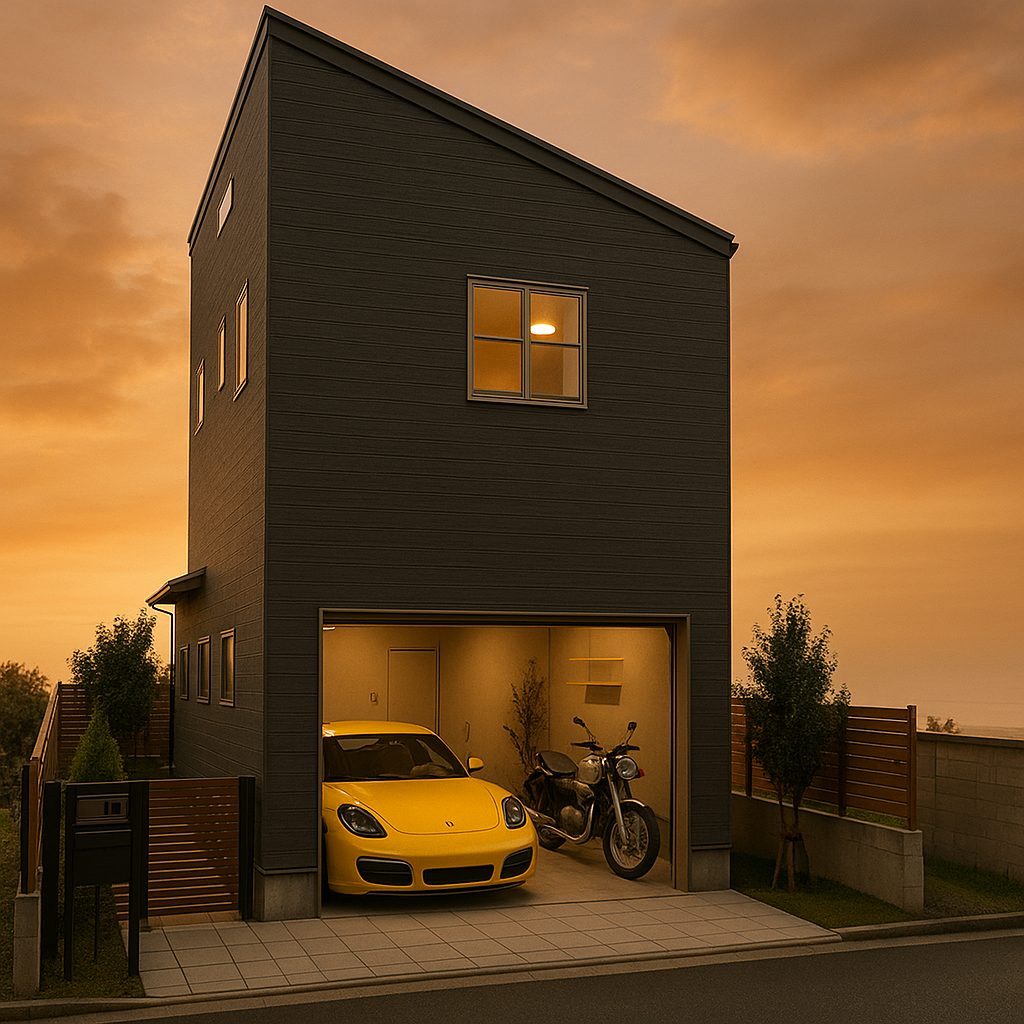 【Garage House①】ナチュラルテイスト2階建てロフト付きのガレージハウス、夜の建物外観