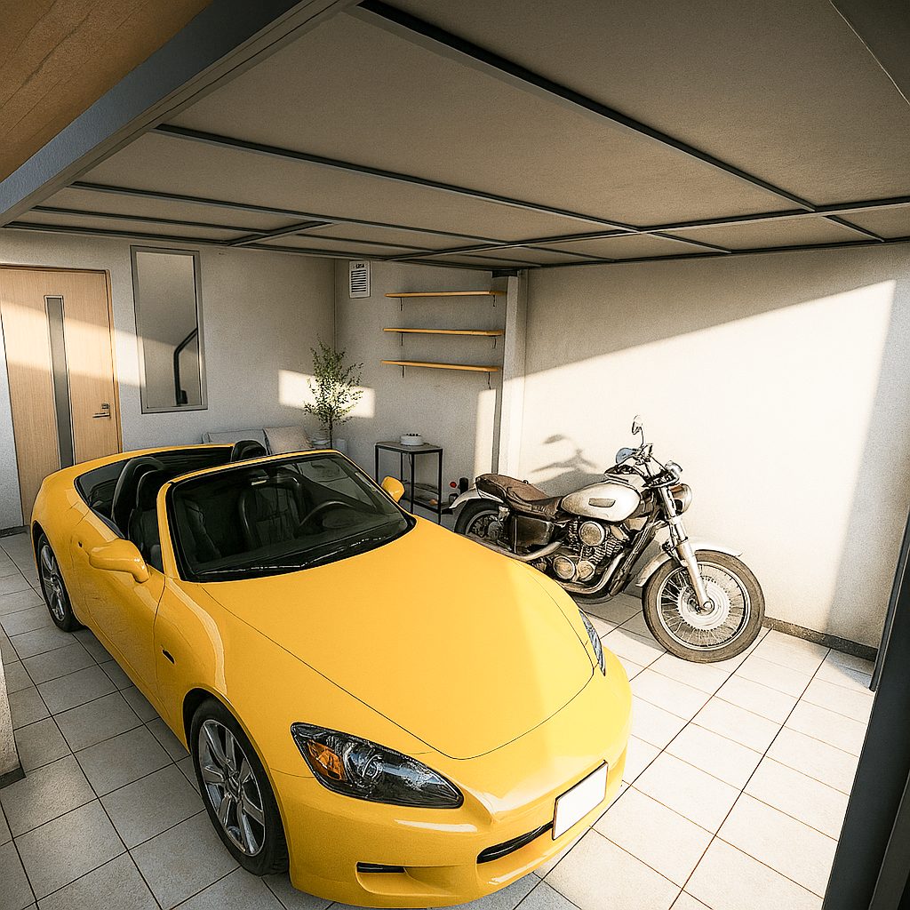 【Garage House①】ナチュラルテイスト2階建てロフト付きのガレージハウス、ガレージ前方から