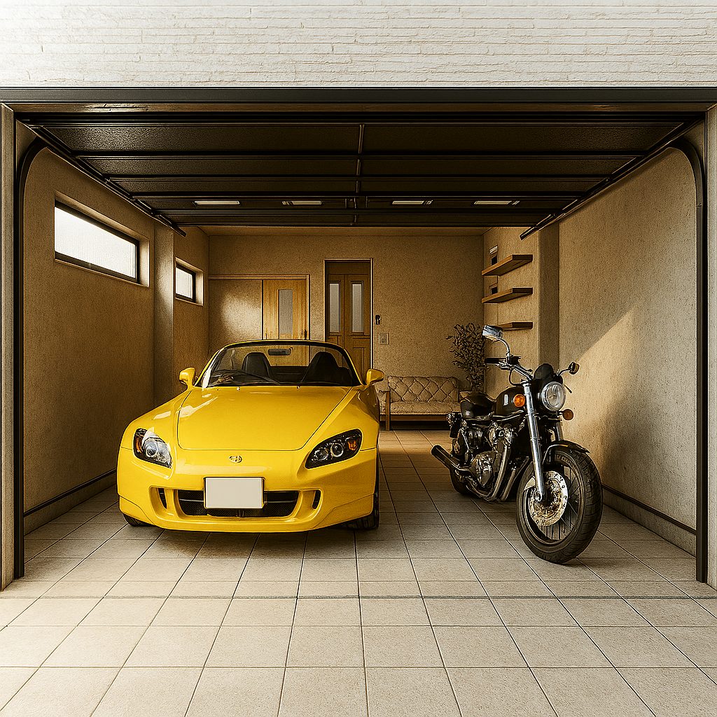 【Garage House①】ナチュラルテイスト2階建てロフト付きのガレージハウス、ガレージ正面