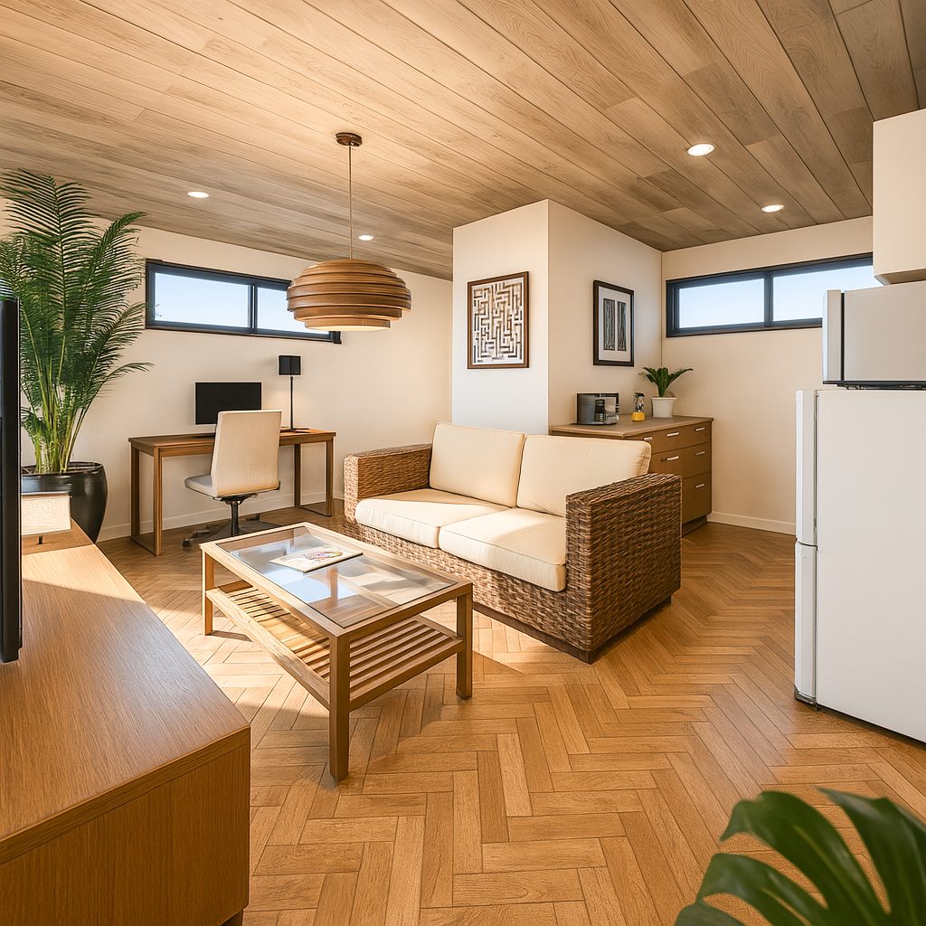 【Garage House⑪】アジアンスタイルの屋上リビングがある平屋ガレージハウス、リビング①