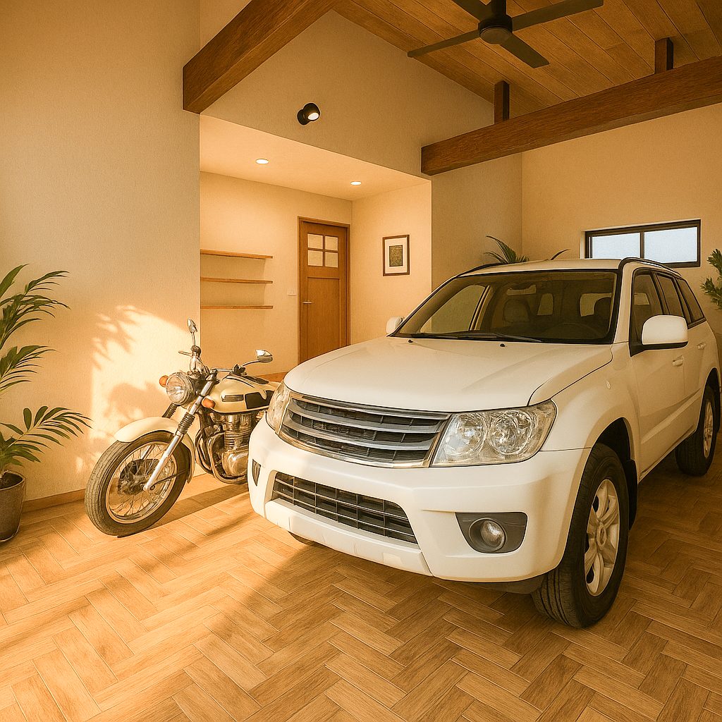 【Garage House⑪】アジアンスタイルの屋上リビングがある平屋ガレージハウス、ガレージ②