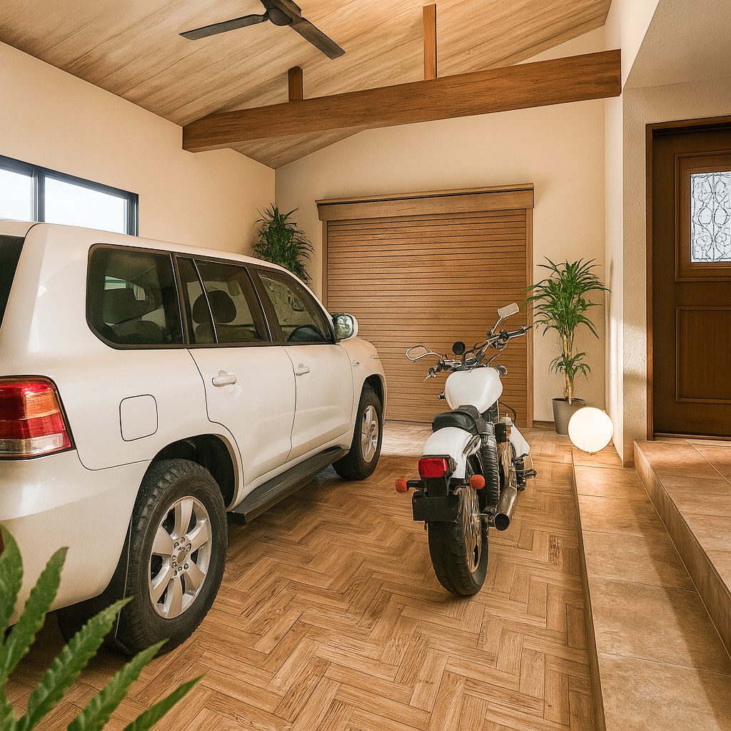 【Garage House⑪】アジアンスタイルの屋上リビングがある平屋ガレージハウス、ガレージ④