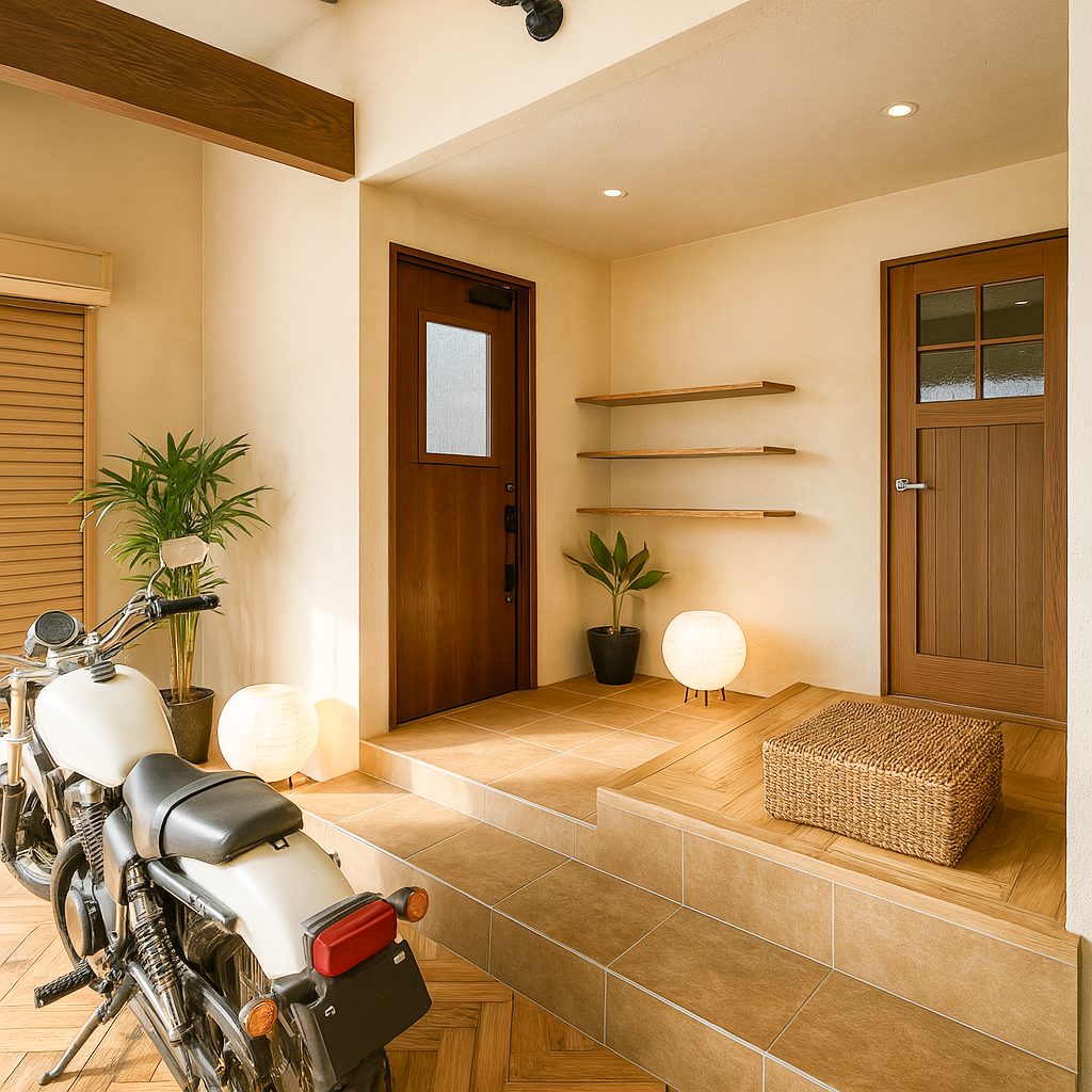 【Garage House⑪】アジアンスタイルの屋上リビングがある平屋ガレージハウス、玄関①