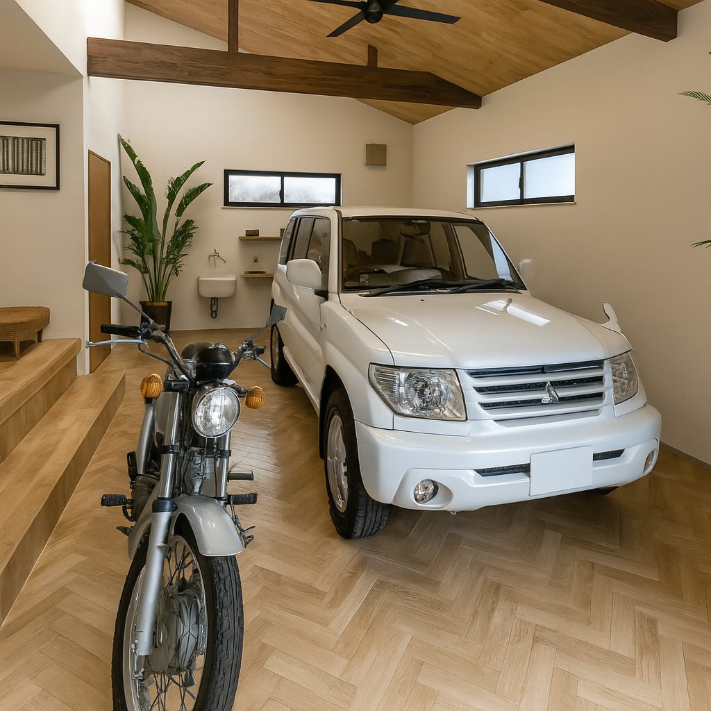 【Garage House⑪】アジアンスタイルの屋上リビングがある平屋ガレージハウス、ガレージ①