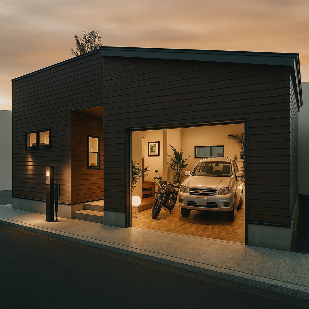 【Garage House⑪】アジアンスタイルの屋上リビングがある平屋ガレージハウス、夜のガレージハウス建物外観④