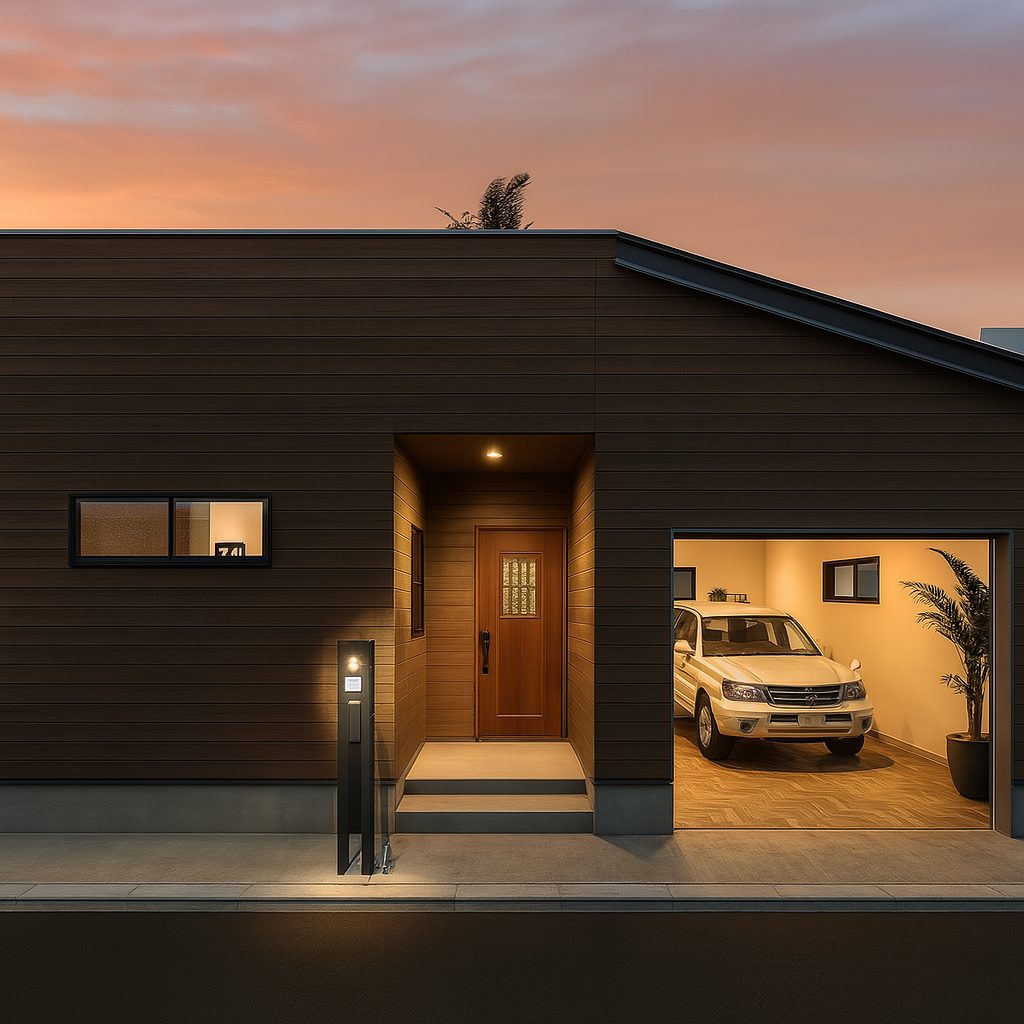 【Garage House⑪】アジアンスタイルの屋上リビングがある平屋ガレージハウス、夜のガレージハウス建物外観③