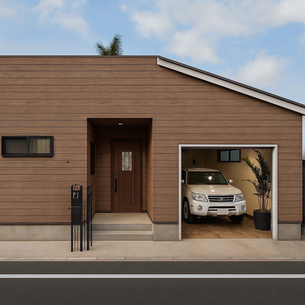 【Garage House⑪】アジアンスタイルの屋上リビングがある平屋ガレージハウス、ガレージハウス昼間の建物外観①