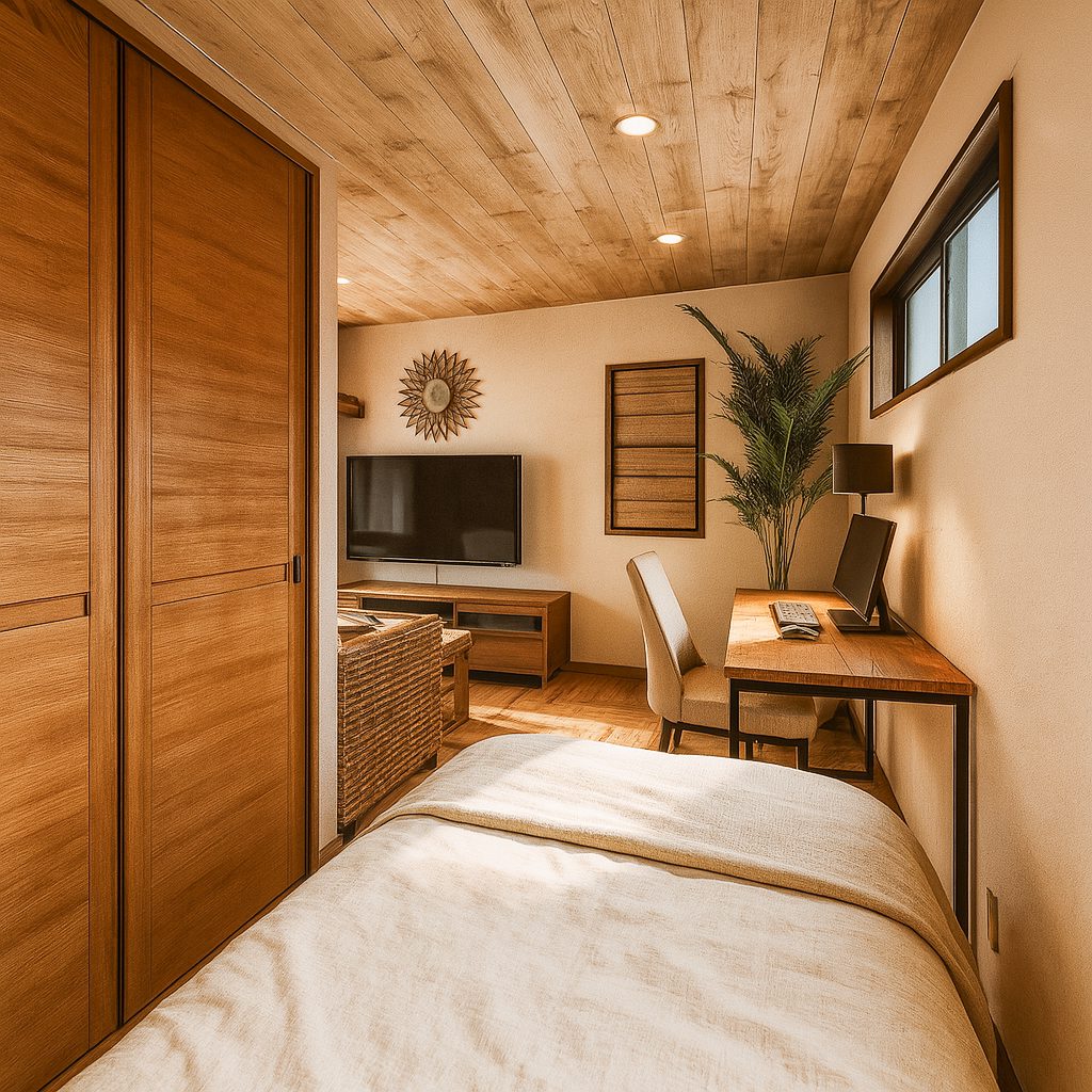 【Garage House⑪】アジアンスタイルの屋上リビングがある平屋ガレージハウス、寝室スペース②