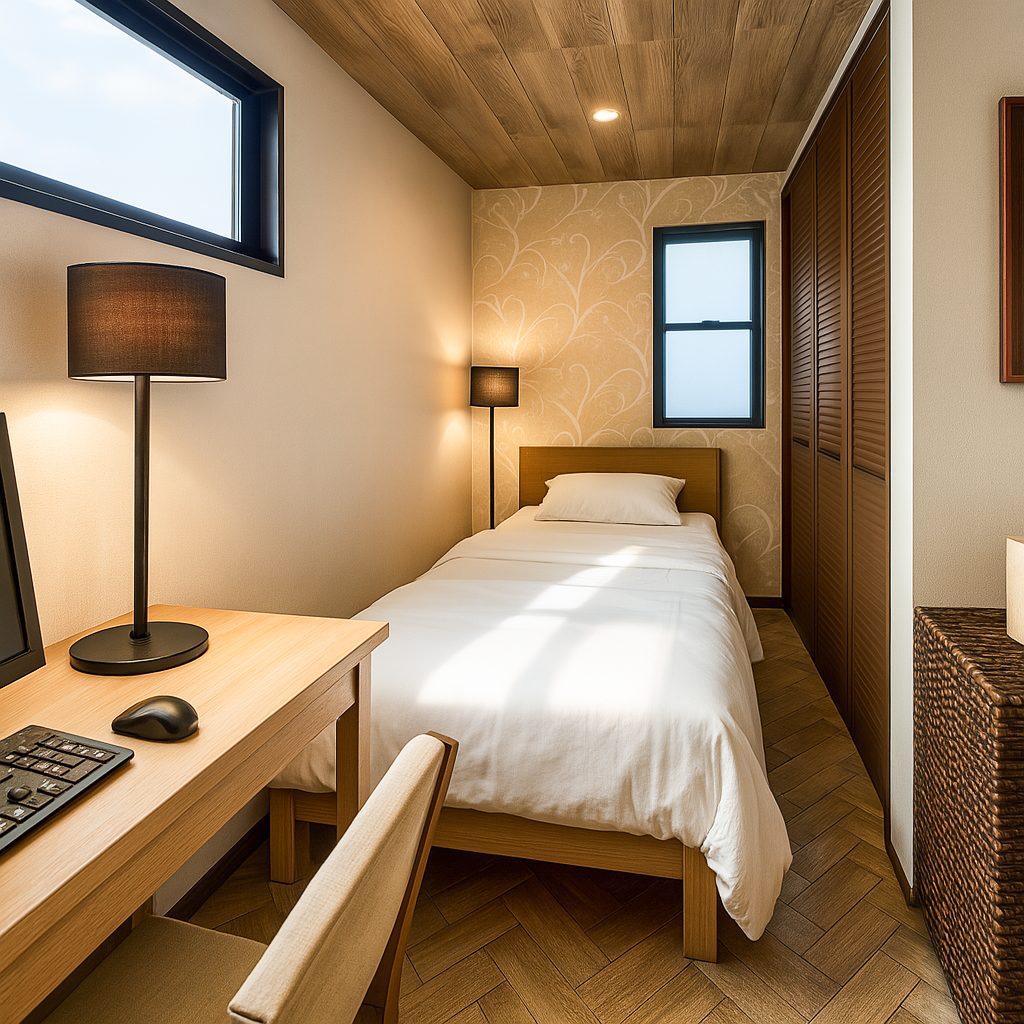 【Garage House⑪】アジアンスタイルの屋上リビングがある平屋ガレージハウス、寝室スペース①