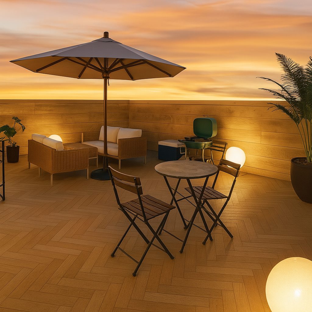 【Garage House⑪】アジアンスタイルの屋上リビングがある平屋ガレージハウス、夜の屋上リビング④