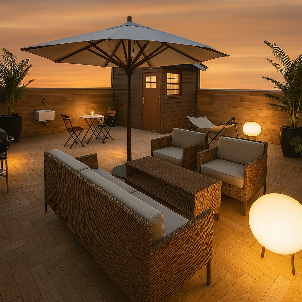 【Garage House⑪】アジアンスタイルの屋上リビングがある平屋ガレージハウス、夜の屋上リビング⑤