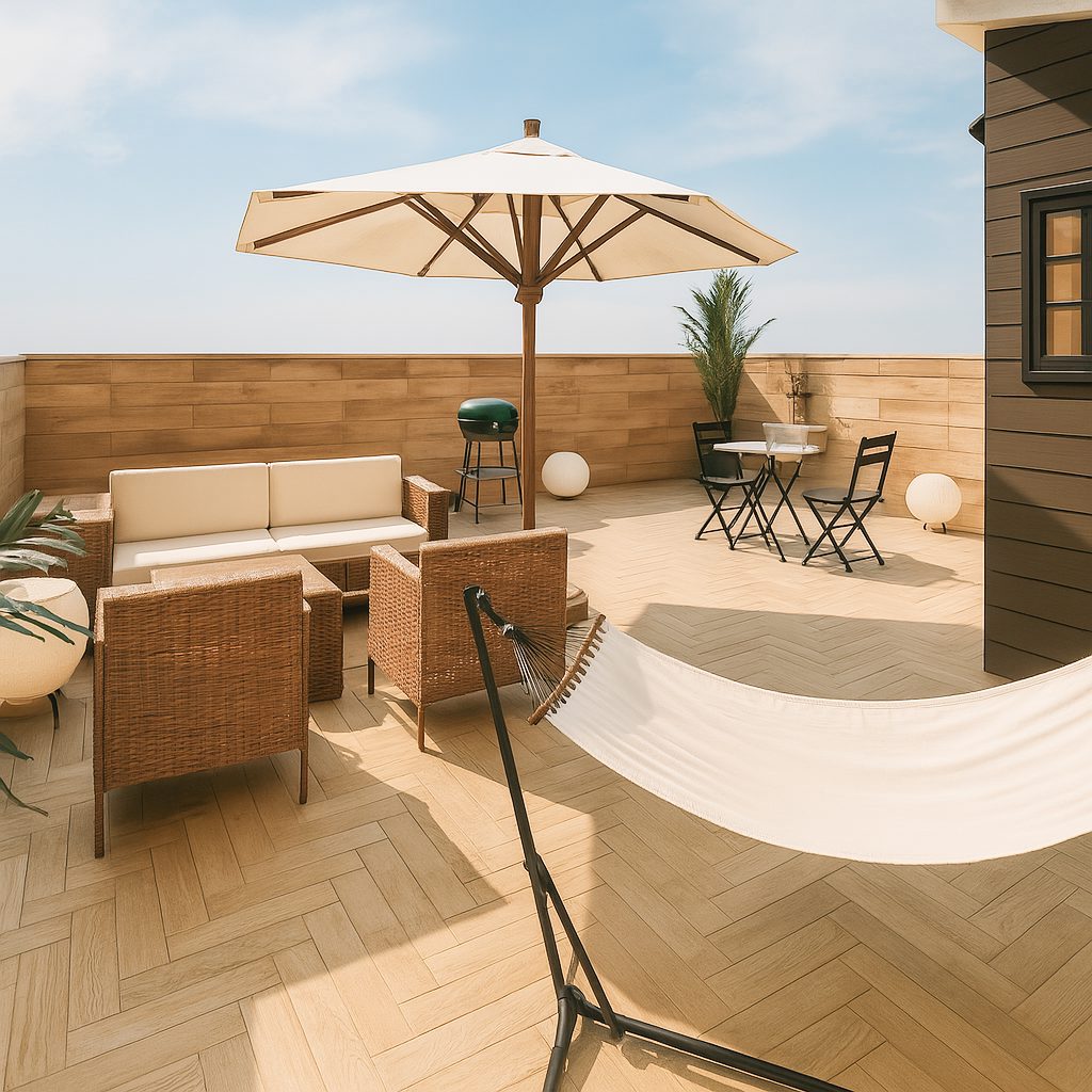 【Garage House⑪】アジアンスタイルの屋上リビングがある平屋ガレージハウス、屋上リビング③