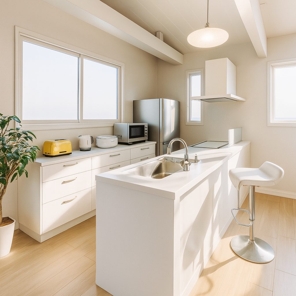 【Garage House⑬】一人暮らしの白い家!車とバイクと暮らす平屋建てのガレージハウス、対面式キッチン①