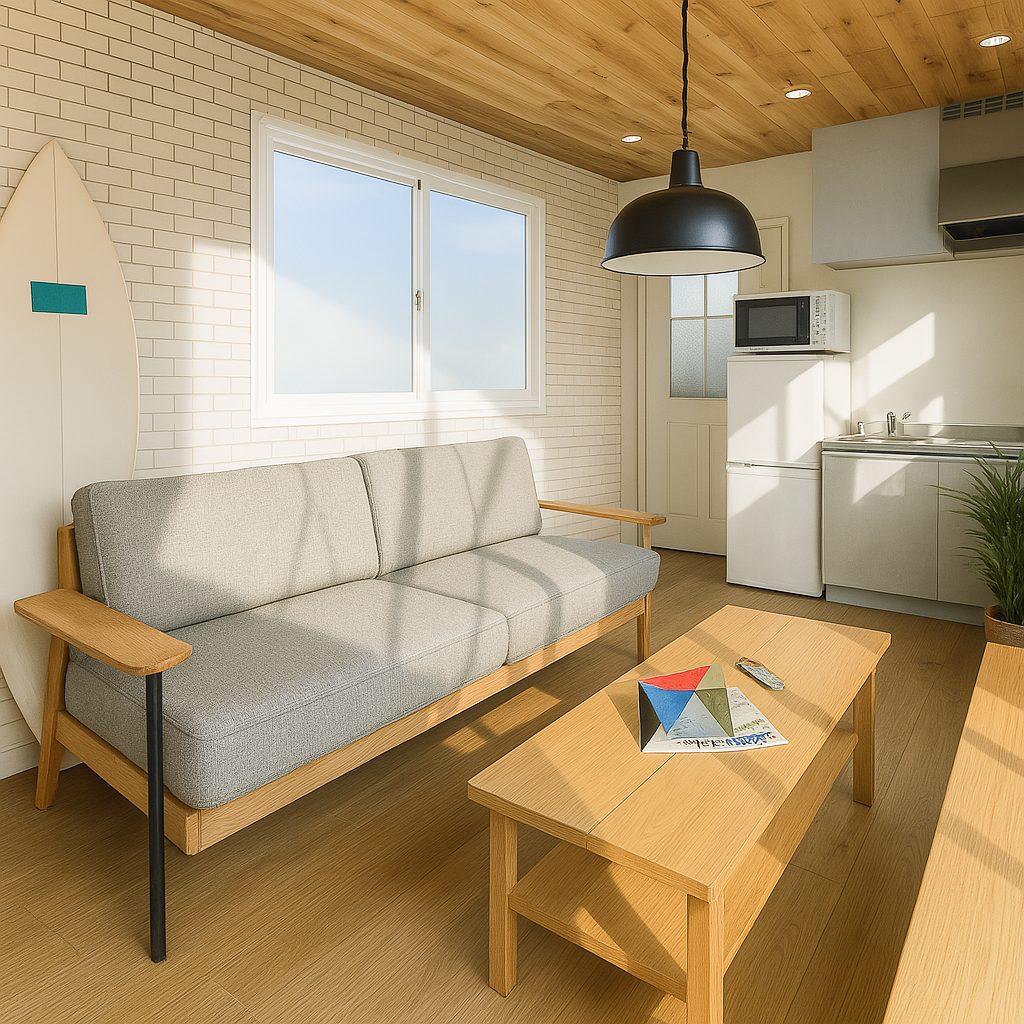 一人暮らし狭小住宅3階建て!3DKのガレージハウス間取りプラン、リビングのイメージパース