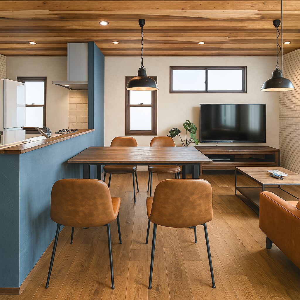 インダストリアルスタイルのおしゃれな内装インテリアガレージハウス参考例、LDK