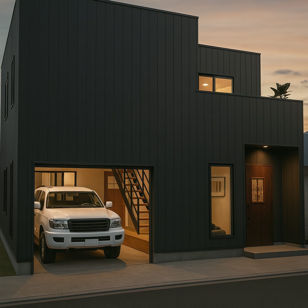 一人暮らしの3LDK!インダストリアルなガレージハウス、夜の外観①