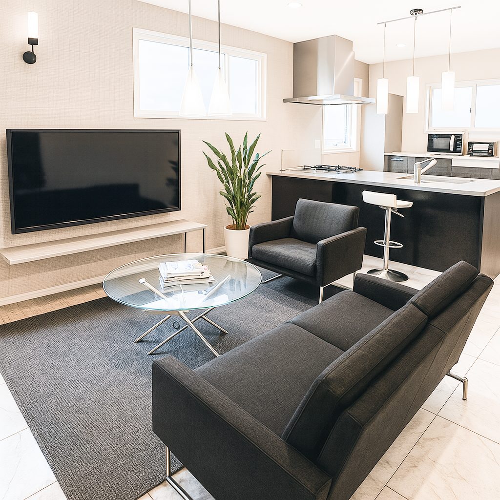 モダンスタイルガレージハウス、おしゃれな内装インテリア参考例LDK