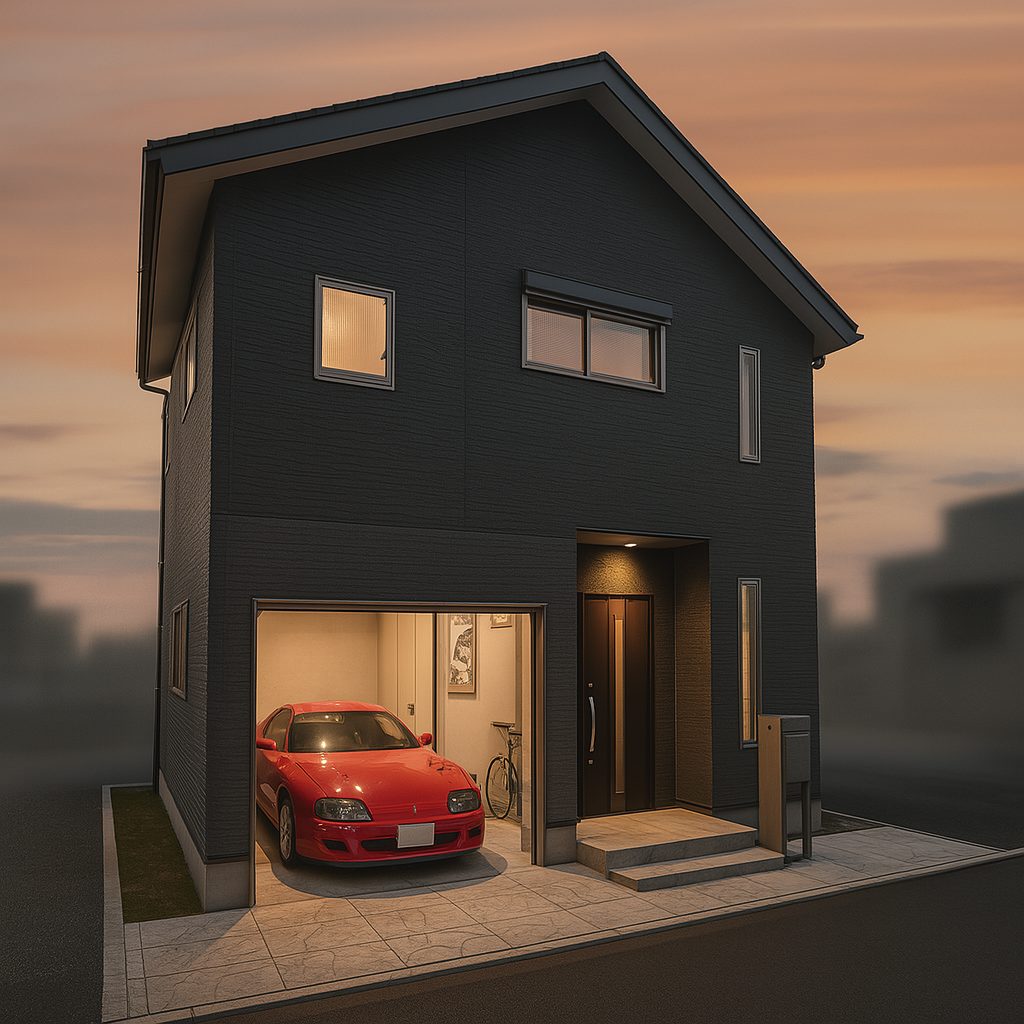 【Garage House②】リッチなLDK!モダンテイスト2階建てのガレージハウス、夜の建物外観