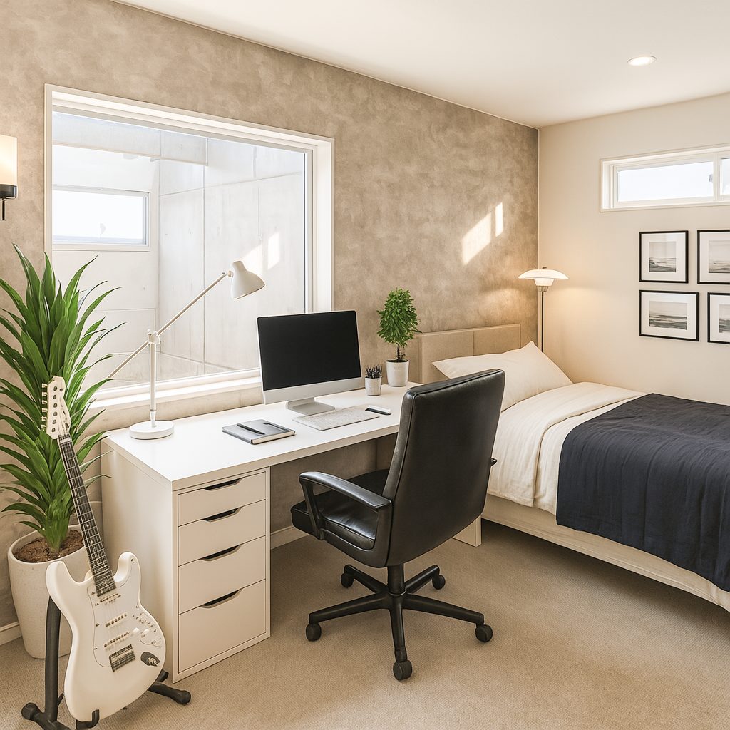 モダンスタイルガレージハウス、おしゃれな内装インテリア参考例洋室