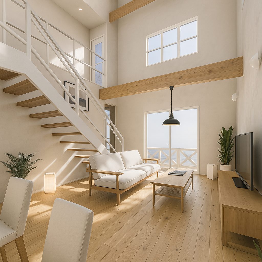 3LDKのアメリカンハウス!開放的な吹抜けリビングがあるガレージハウス、1Fリビング③