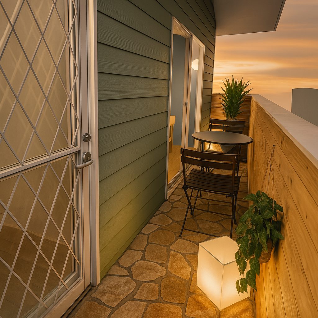 3LDKのアメリカンハウス!開放的な吹抜けリビングがあるガレージハウス、夜のベランダ