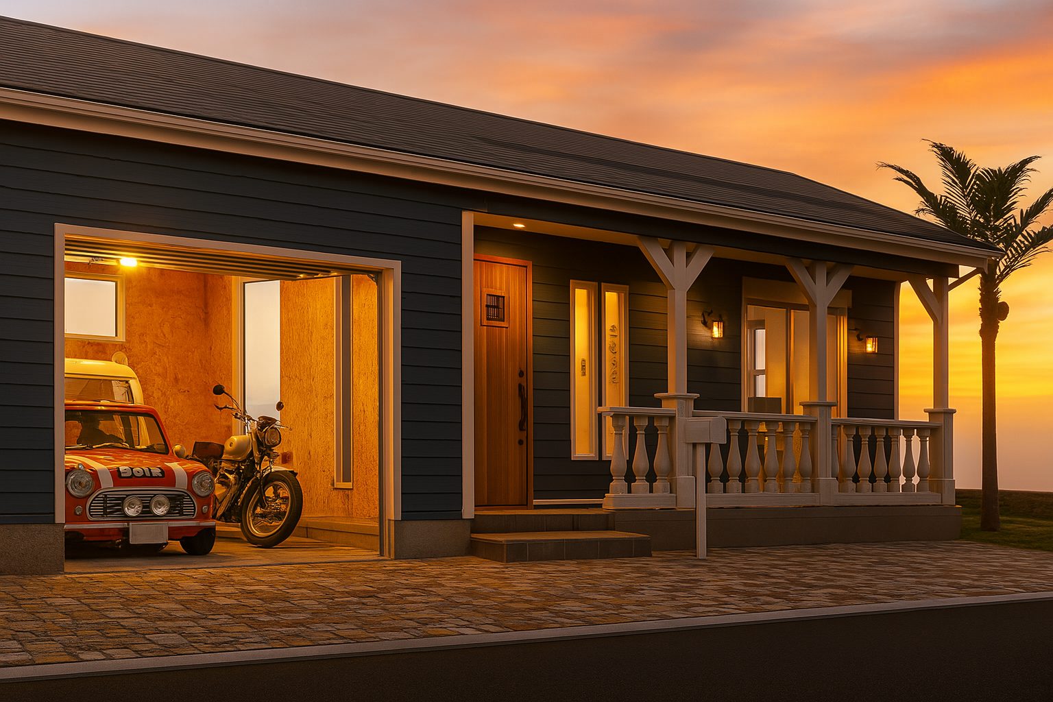 【Garage House③】西海岸カリフォルニアスタイル!平屋のアメリカンガレージハウス、夜の建物外観