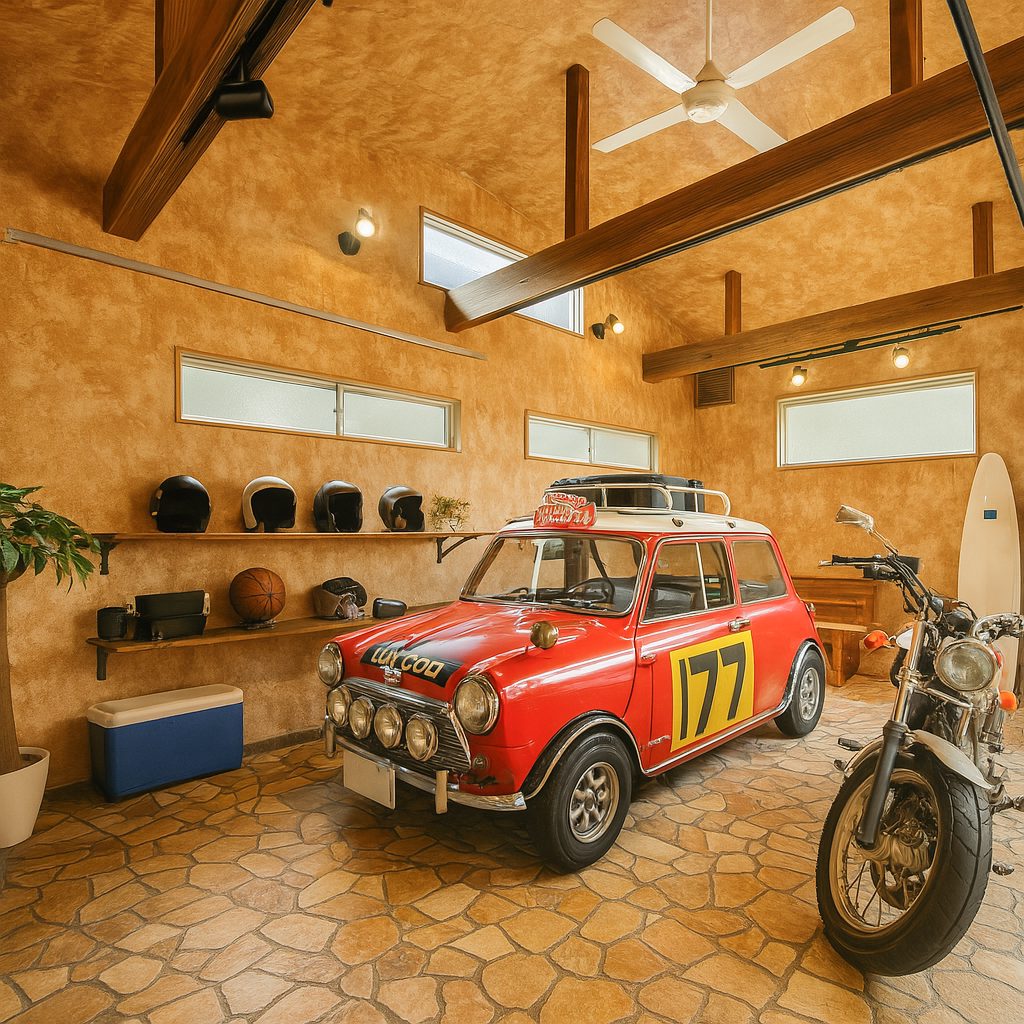 【Garage House③】西海岸カリフォルニアスタイル!平屋のアメリカンガレージハウス、勾配天井のガレージ②