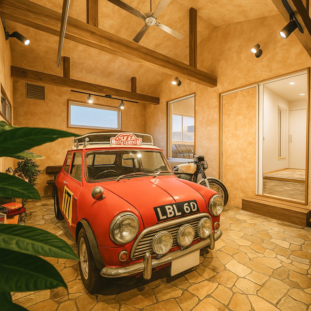 カリフォルニアスタイルガレージハウス、おしゃれな内装インテリア参考例ガレージ