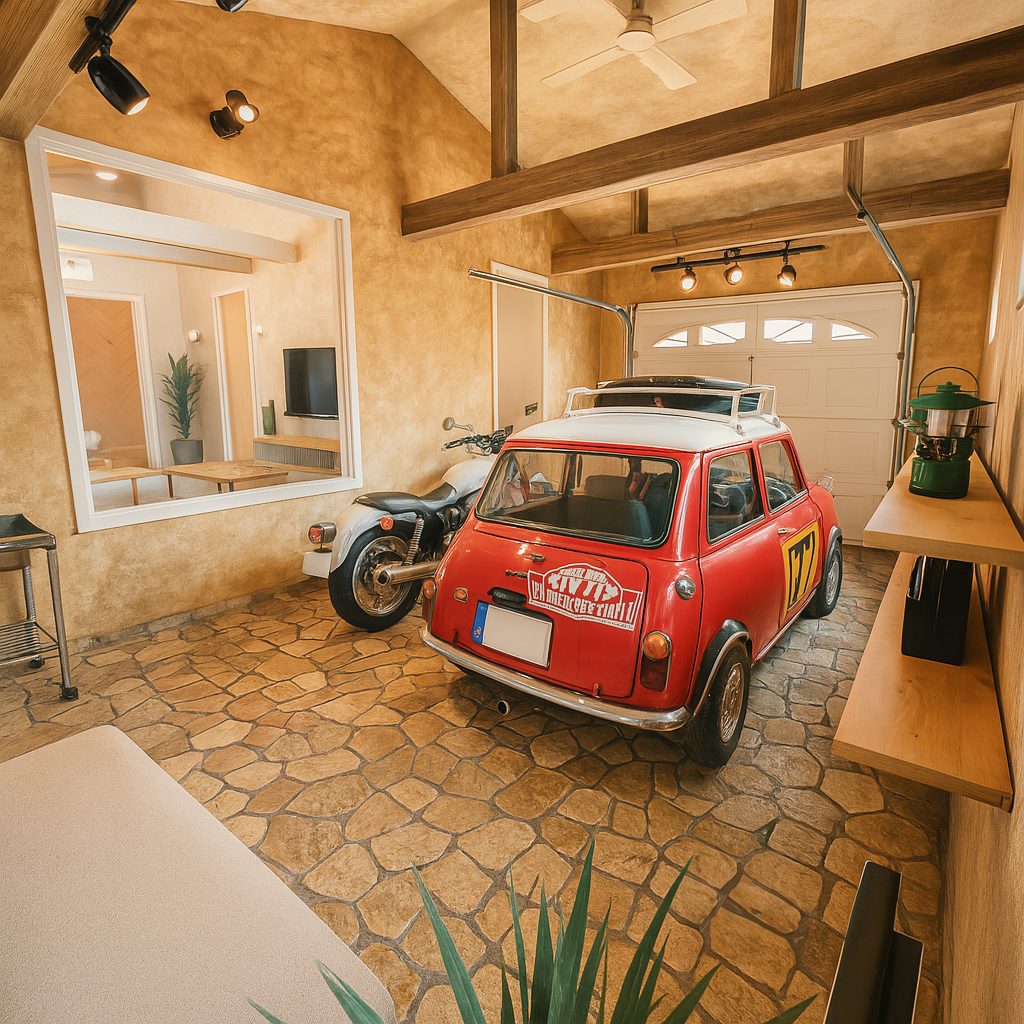 カリフォルニアスタイルガレージハウス、おしゃれな内装インテリア参考例ガレージ後方