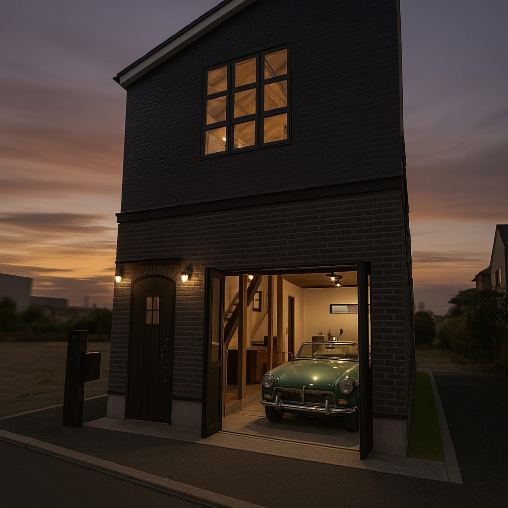【Garage House④】倉庫みたいな住居!ブルックリンスタイル2階建てのガレージハウス、建物外観、夜バージョン