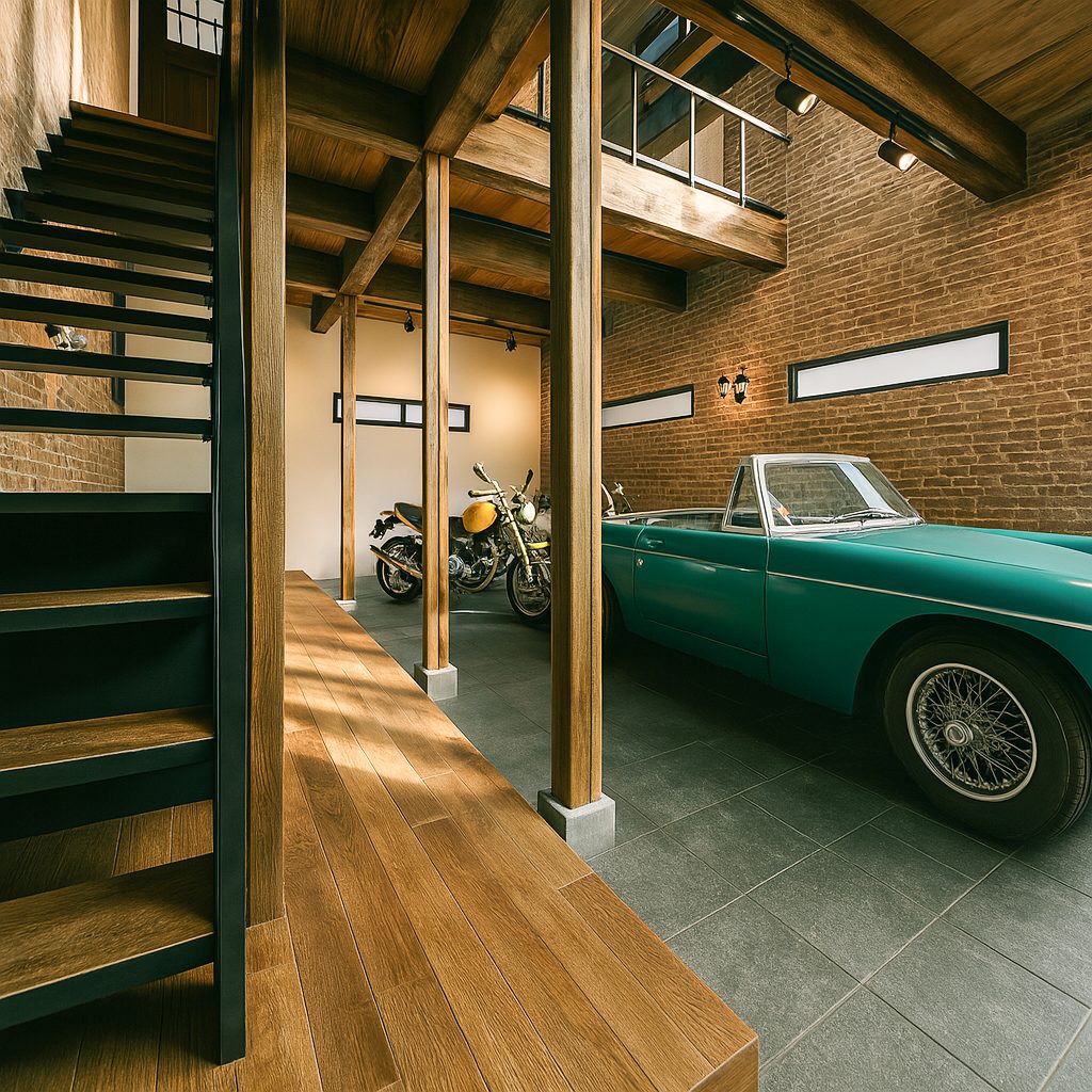 一人暮らしの2階建て0LDK、空間が一つのガレージハウス間取りプラン、ガレージのイメージパース