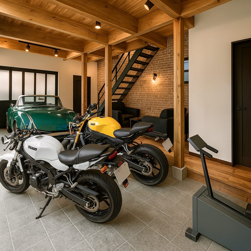 ブルックリンスタイルガレージハウス、おしゃれな内装インテリア参考例ガレージ後方