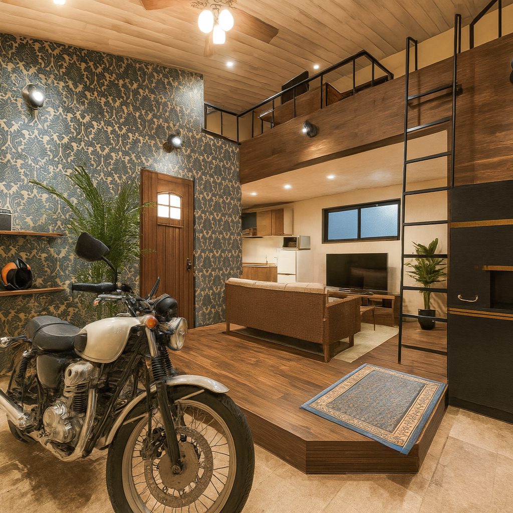 一人暮らしの平屋建てバイカーハウス、ロフト付きのガレージハウスの間取りプラン、LDKとガレージのイメージパース