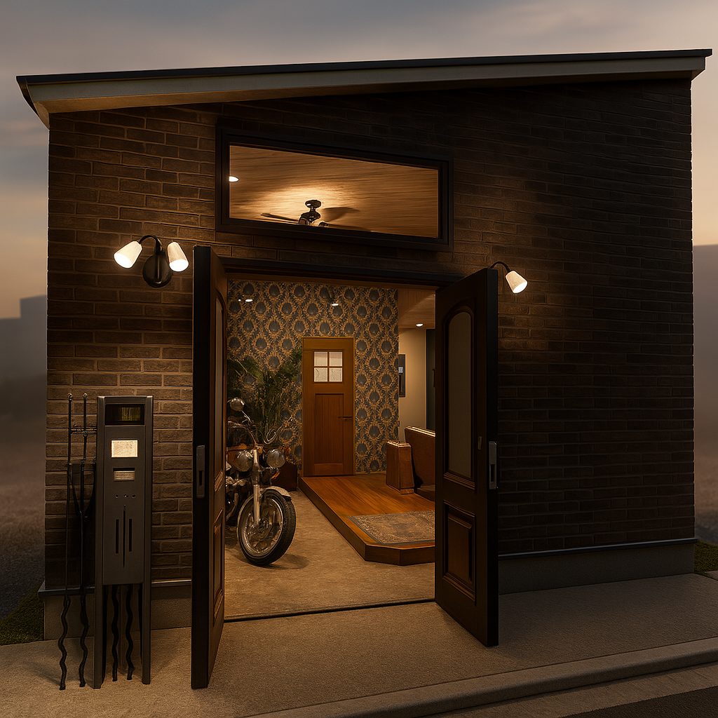 【Garage House⑤】バイクと暮らす家!アジアンスタイル平屋ロフト付きのガレージハウス、夜の建物外観