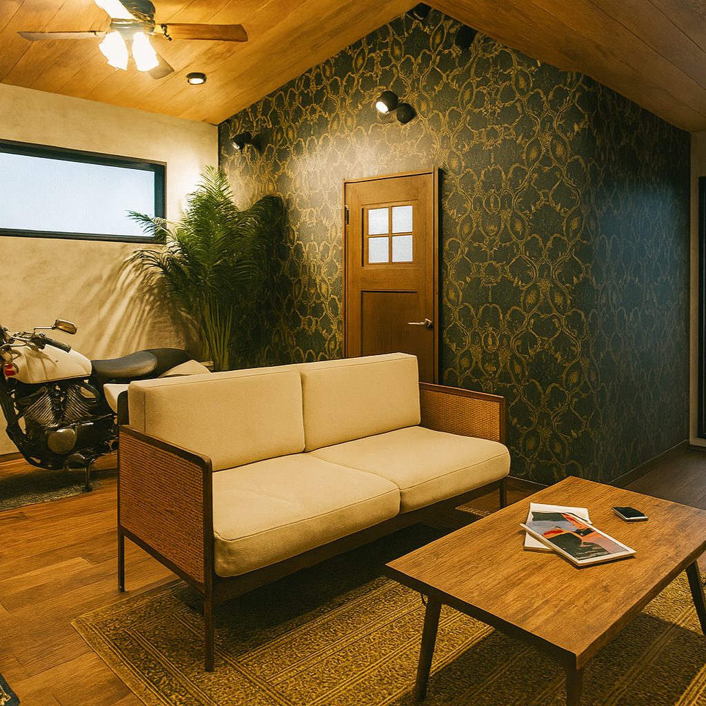 アジアンスタイルガレージハウス、おしゃれな内装インテリア参考例リビング