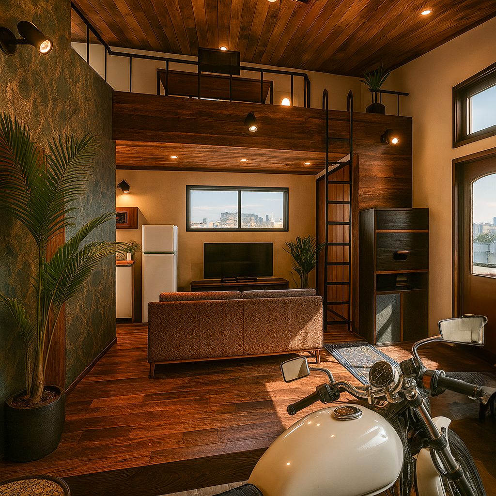 【Garage House⑤】バイクと暮らす家!アジアンスタイル平屋ロフト付きのガレージハウス、ガレージとLDK②