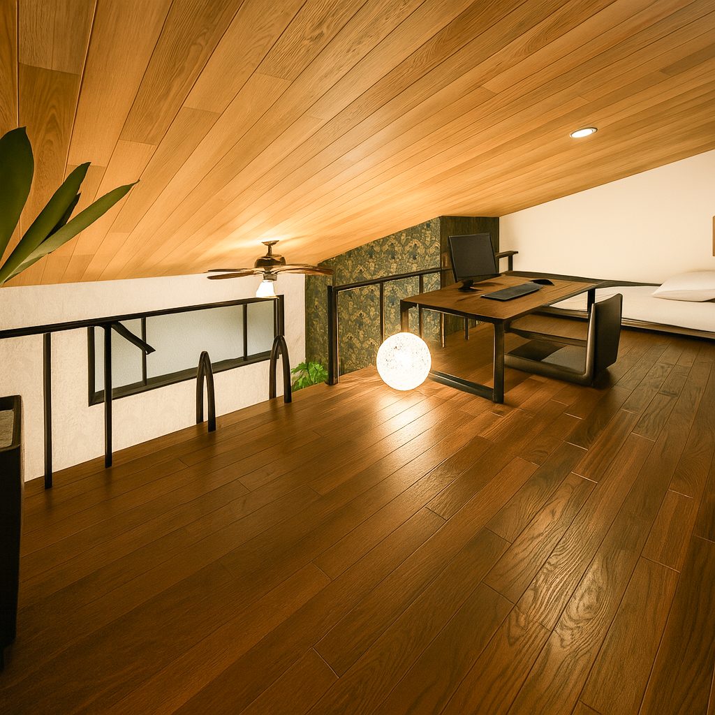 アジアンスタイルガレージハウス、おしゃれな内装インテリア参考例ロフト