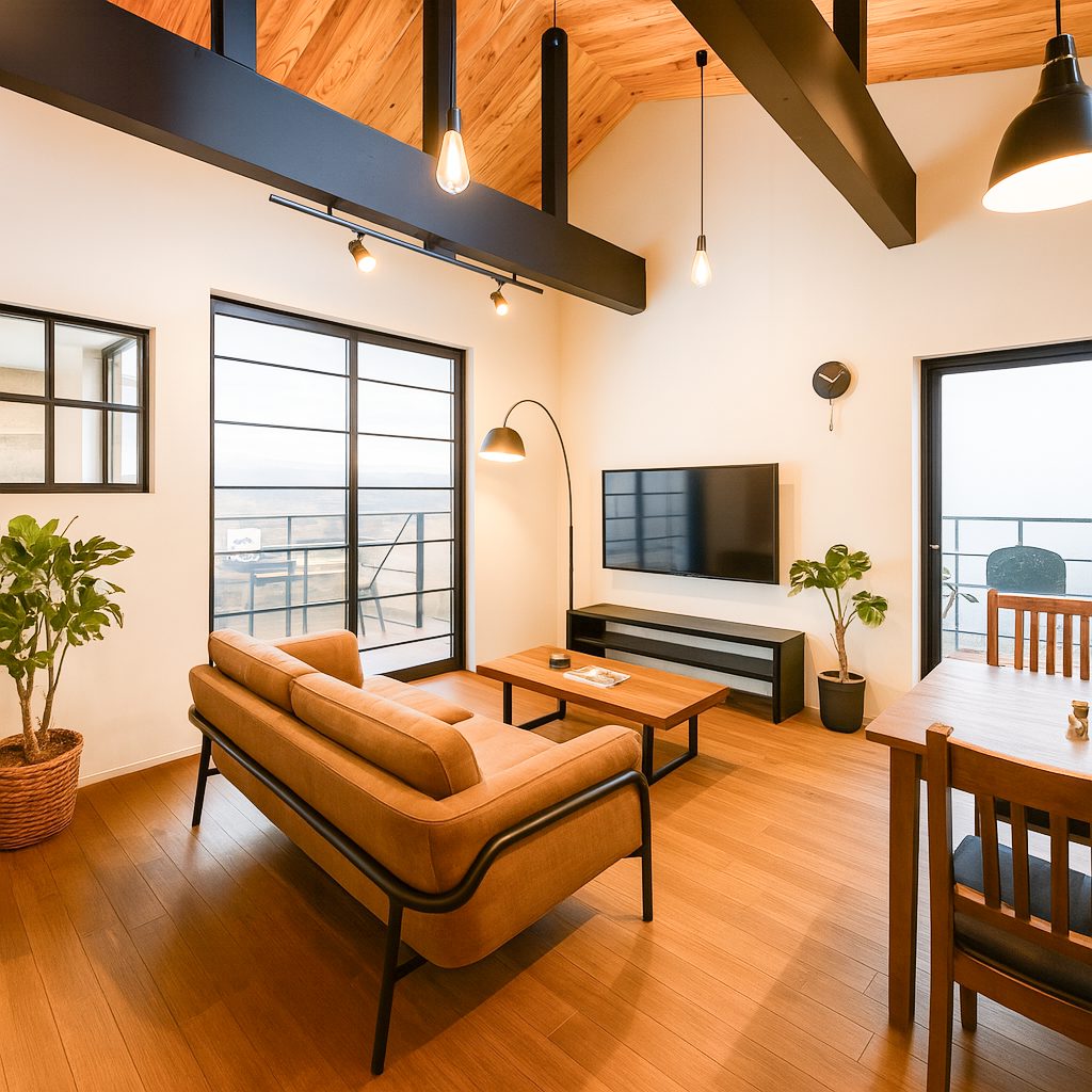 インダストリアルスタイルガレージハウス、おしゃれな内装インテリア参考例リビング後方