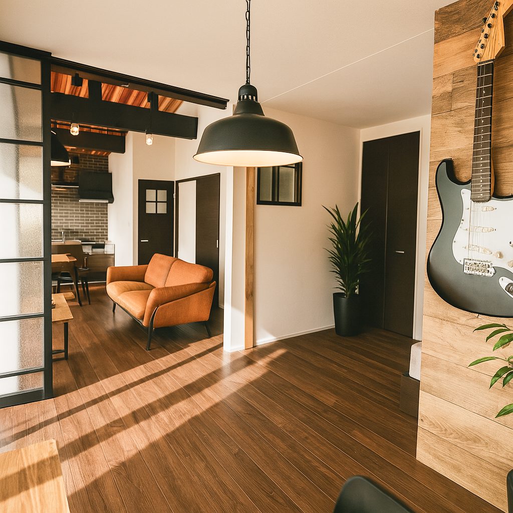 【Garage House⑦】車2台置き!インダストリアルスタイル2LDKの2階建てガレージハウス、書斎からリビング