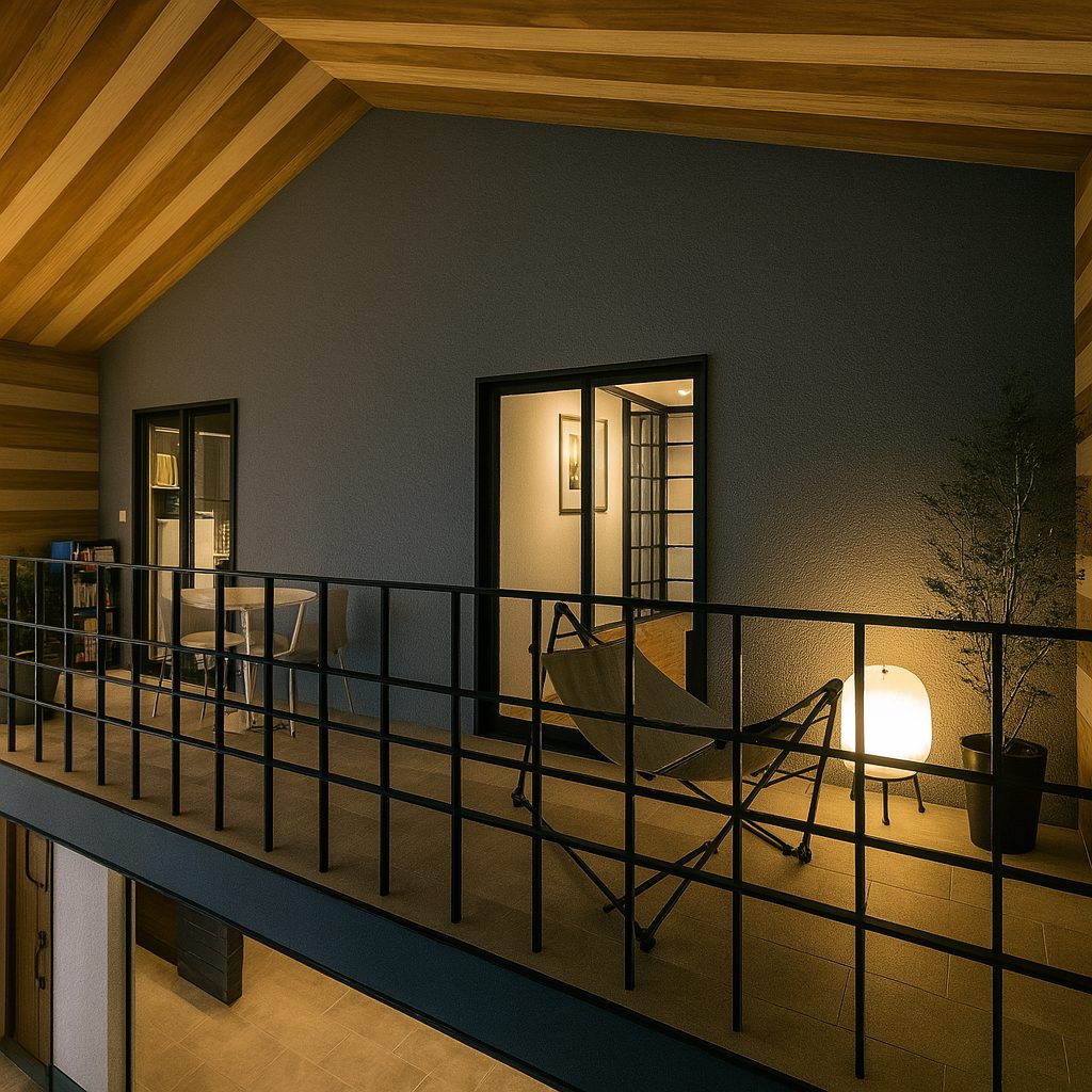 【Garage House⑦】車2台置き!インダストリアルスタイル2LDKの2階建てガレージハウス、ベランダ_夜