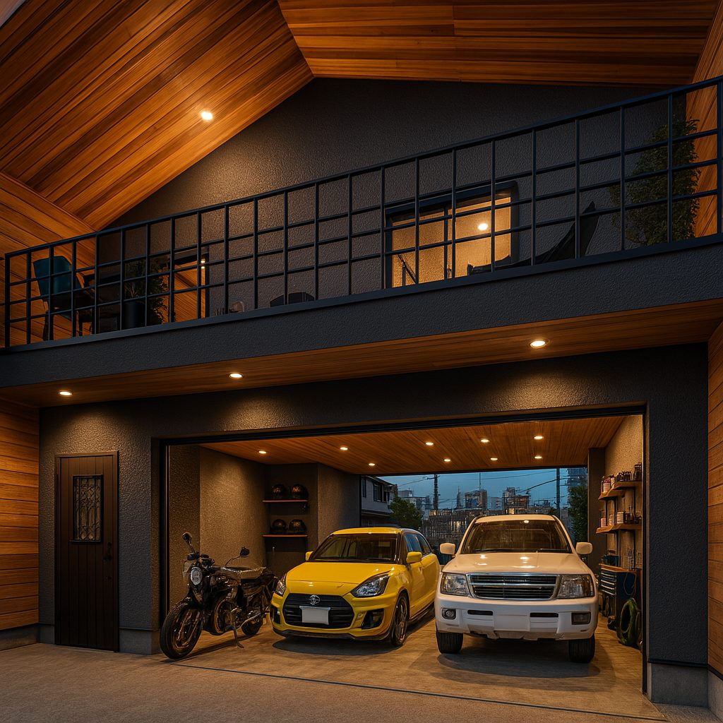 広いベランダでバーベキューができる、一人暮らしの2LDK2階建てガレージハウスの間取りプラン、外観パース