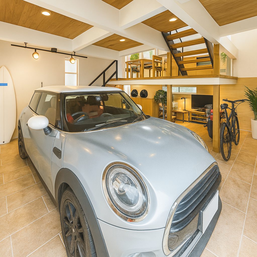 インダストリアルスタイルガレージハウス、おしゃれな内装インテリア参考例ガレージ