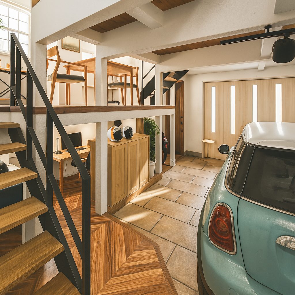 【Garage House⑧】スキップフロアのアメリカンハウス!空間が一つのガレージハウス、1F階段ホール
